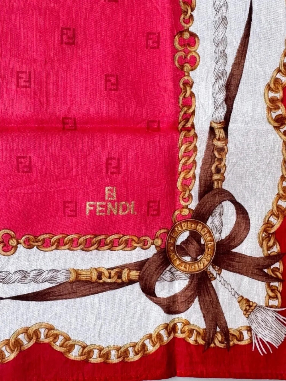 Vintage Fendi Scarf Handkerchief Neckerchief Pocket Square Chain Bow Red 17x17